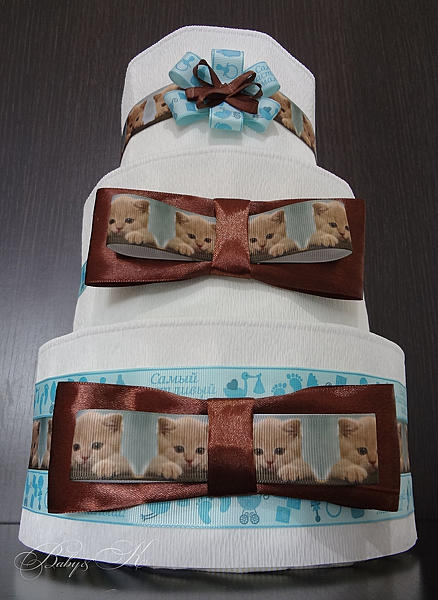 Торт из памперсов "Малыш кот". Для новорожденных - ручной работы. Фото 2