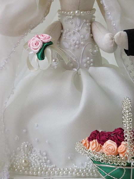 свадебные зайчики пара с корзиной цветов. Куклы тильды - ручной работы. Фото 2