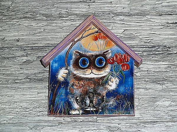 Ключница-домик "Питерские коты". Прихожая - ручной работы. Фото 6