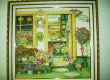 Картина "Цветочный магазин", вышита шёлковыми лентами вручную		