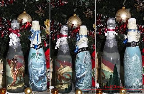 Домашний декупаж новогодней бутылки из погреба - идея мастер-класса. Фото №1