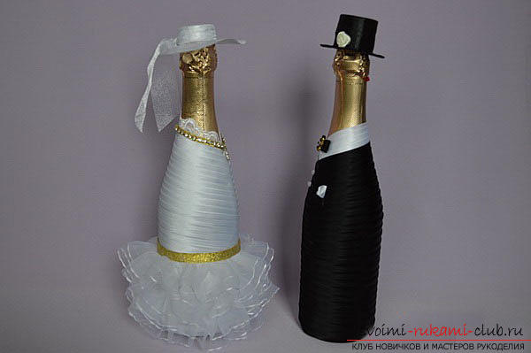 Техника канзаши в украшении свадебного шампанского своими руками. Фото №9