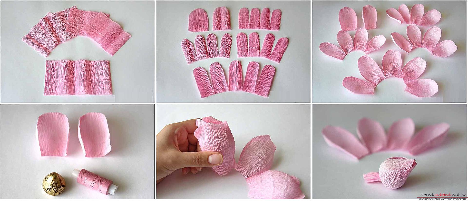 Как сделать конфетный букет из роз, пошаговые фото и инструкция создания роз из гофрированной бумаги с сердцевинками из конфет. Фото №10