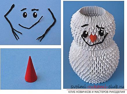 Как сделать красивую поделку в технике модульного оригами, пошаговые фото и описание работы по созданию очаровательного снеговичка и яркого лебедя из модулей разного цвета. Фото №11