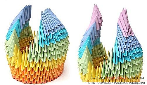 Как сделать красивую поделку в технике модульного оригами, пошаговые фото и описание работы по созданию очаровательного снеговичка и яркого лебедя из модулей разного цвета. Фото №20