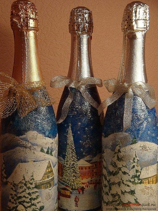 Роспись по стеклу бутылки на тему новогодней тематики своими руками - мастер-класс. Фото №1