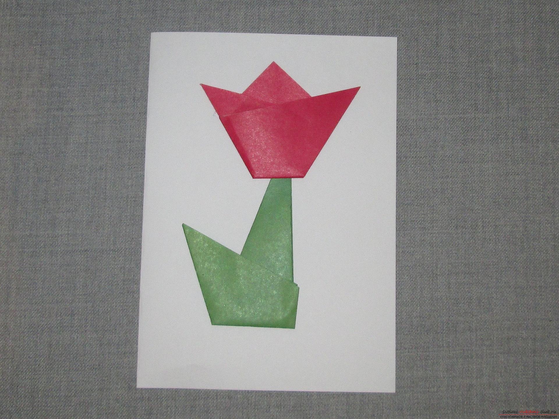 Этот подробный мастер-класс оригами из бумаги для детей 5 лет научит как сделать своими руками открытку с тюльпанами.. Фото №13