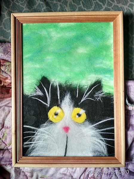 Валяная картина "Глазастый кот". Животные - ручной работы.