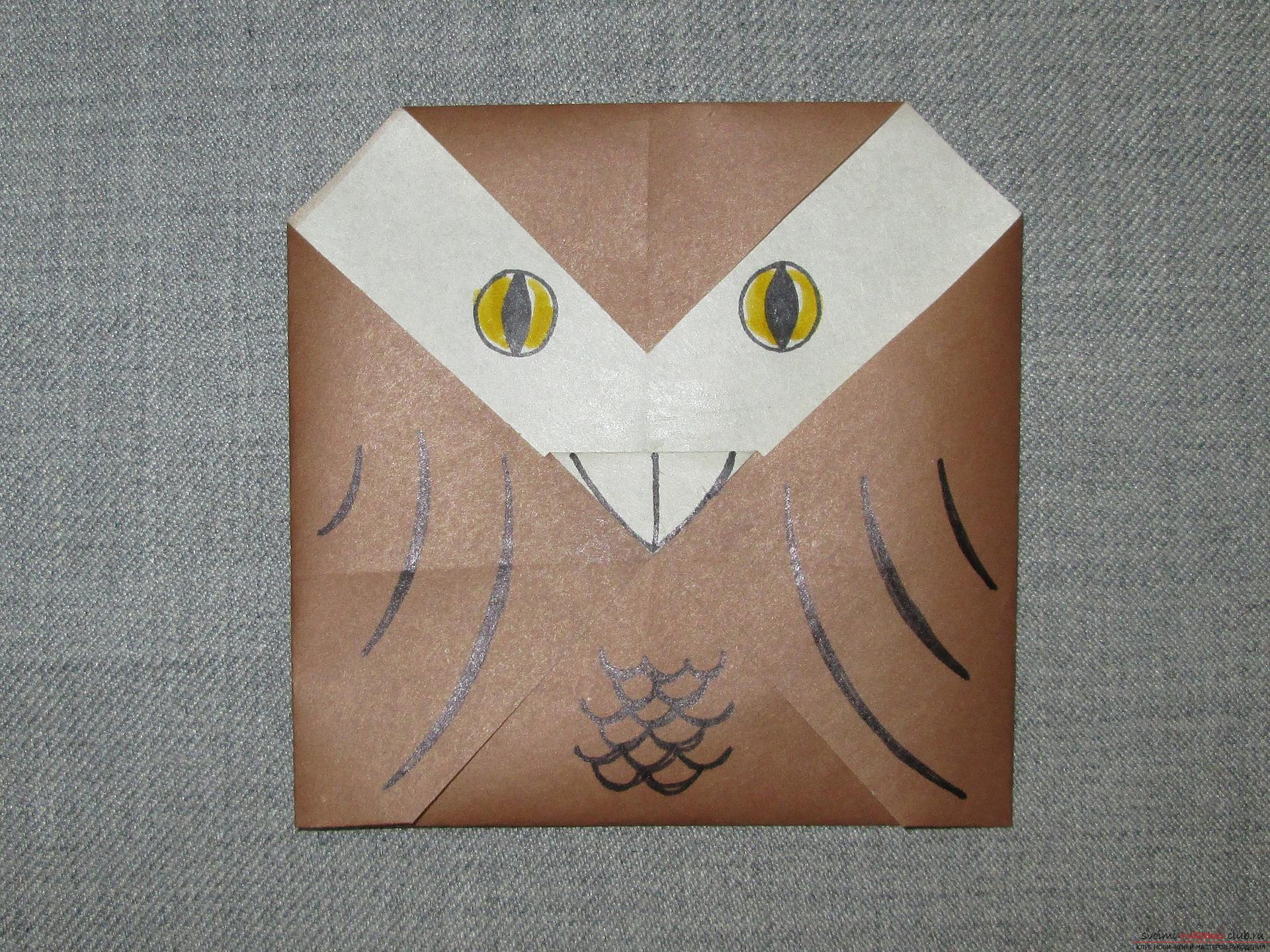 Этот подробный мастер-класс оригами из бумаги для детей 5 лет научит как сделать своими руками совушку.. Фото №7